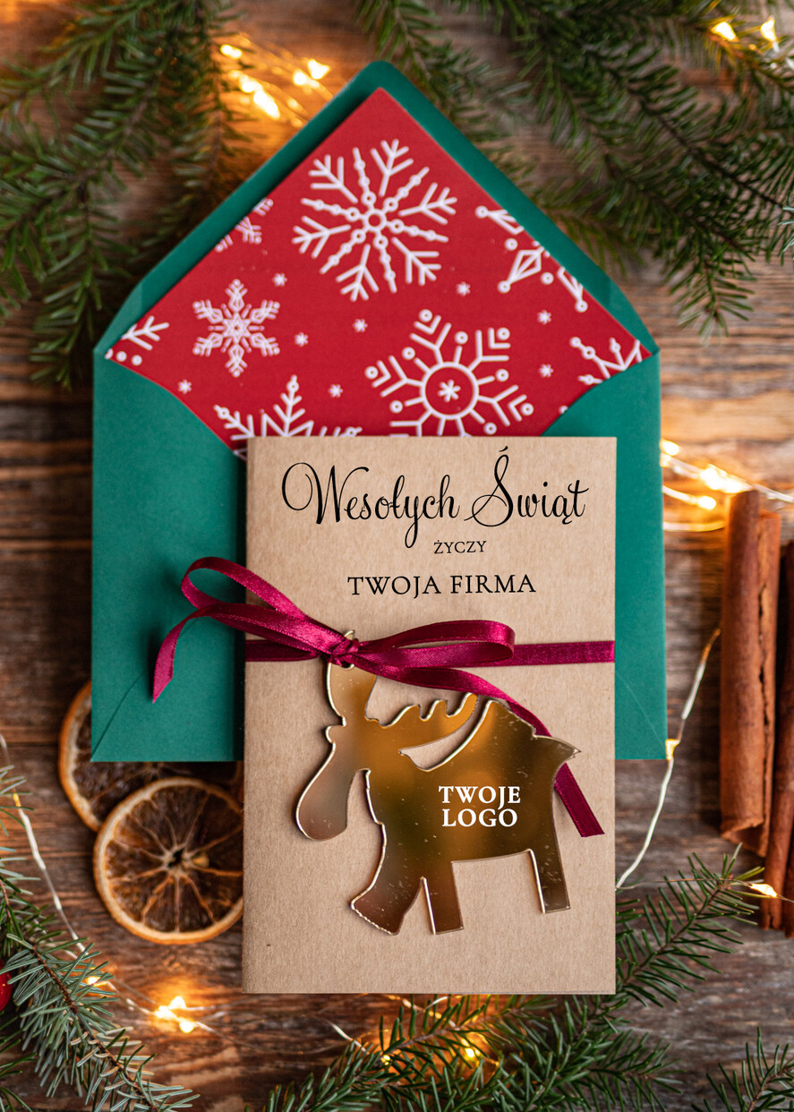 Kartki świąteczne z logo firmy z magnesem lub zawieszką na choinkę kartki świąteczne dla firm Złota bombka zawieszka na choinke z Logo firmy świateczna kartka firmowa renifer2