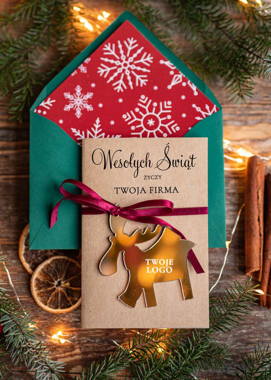 Kartki świąteczne z logo firmy z magnesem lub zawieszką na choinkę kartki świąteczne dla firm Złota bombka zawieszka na choinke z Logo firmy świateczna kartka firmowa renifer0