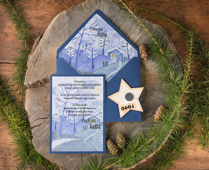Kartki świąteczne z logo firmy z magnesem lub zawieszką na choinkę firmowe kartki świąteczne z logo firmy, bożonarodzeniowe kartki z drewnianą zawieszką i wstążką1