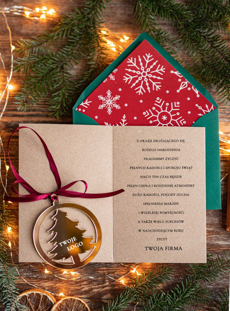Kartki świąteczne z logo firmy z magnesem lub zawieszką na choinkę kartka świąteczna dla firmy z logo, kolorowe kartki bożonarodzeniowe z zawieszką na choinkę, złota bombka 1