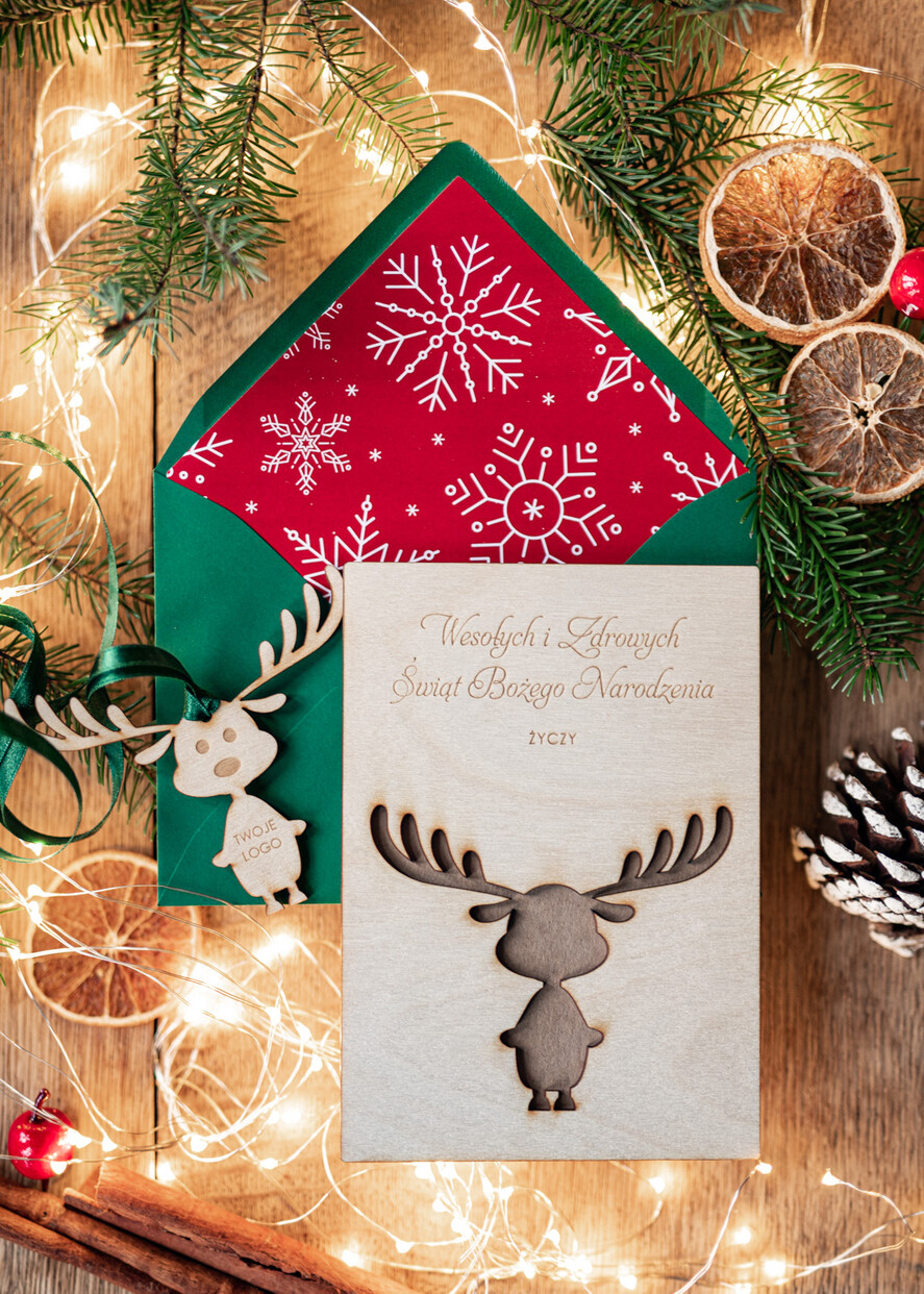 Kartki świąteczne z logo firmy z magnesem lub zawieszką na choinkę kartki świąteczne dla firm Drewniana bombka zawieszka na choinke z Logo firmy świateczna kartka firmowa 1