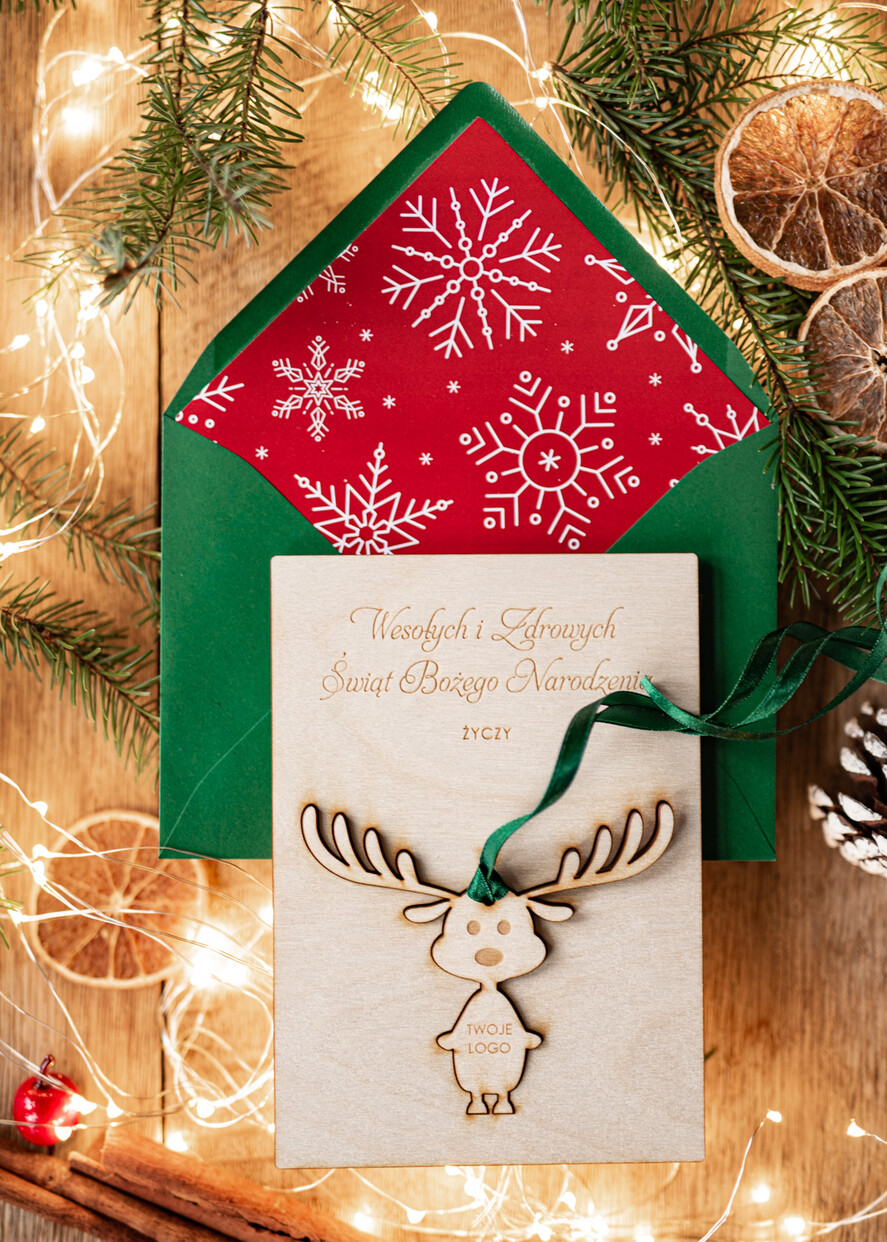 Kartki świąteczne z logo firmy z magnesem lub zawieszką na choinkę kartki świąteczne dla firm Drewniana bombka zawieszka na choinke z Logo firmy świateczna kartka firmowa 0