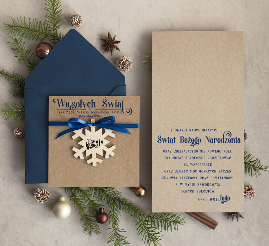Kartki świąteczne z logo firmy z magnesem lub zawieszką na choinkę Bombka gwiazdka zawieszka na choinkę i  kartka świateczna dla Firm, kartki swiateczne z logo, biznesowa kartka1