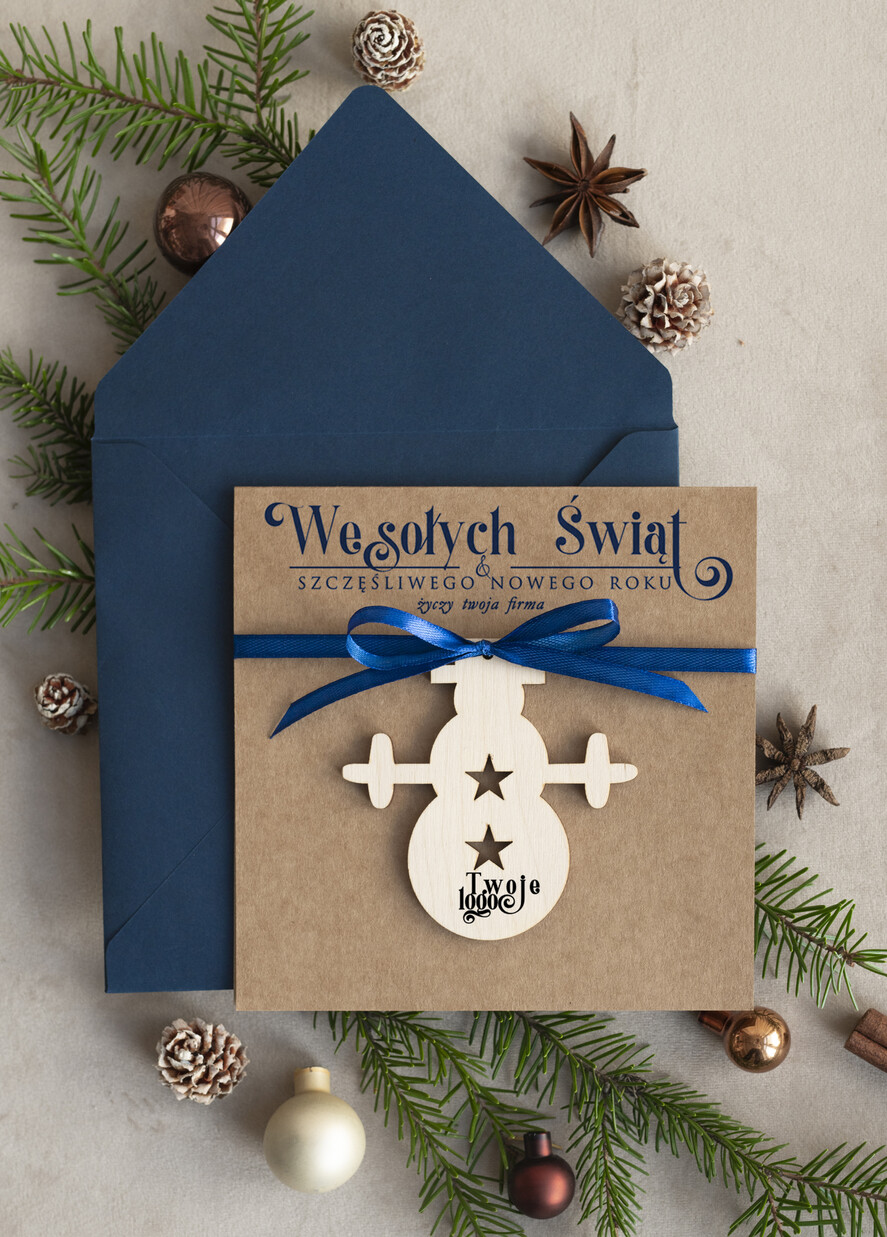 Kartki świąteczne z logo firmy z magnesem lub zawieszką na choinkę Bombka bałwan zawieszka na choinkę i  kartka świateczna dla Firm, kartki swiateczne z logo, biznesowa kartka0