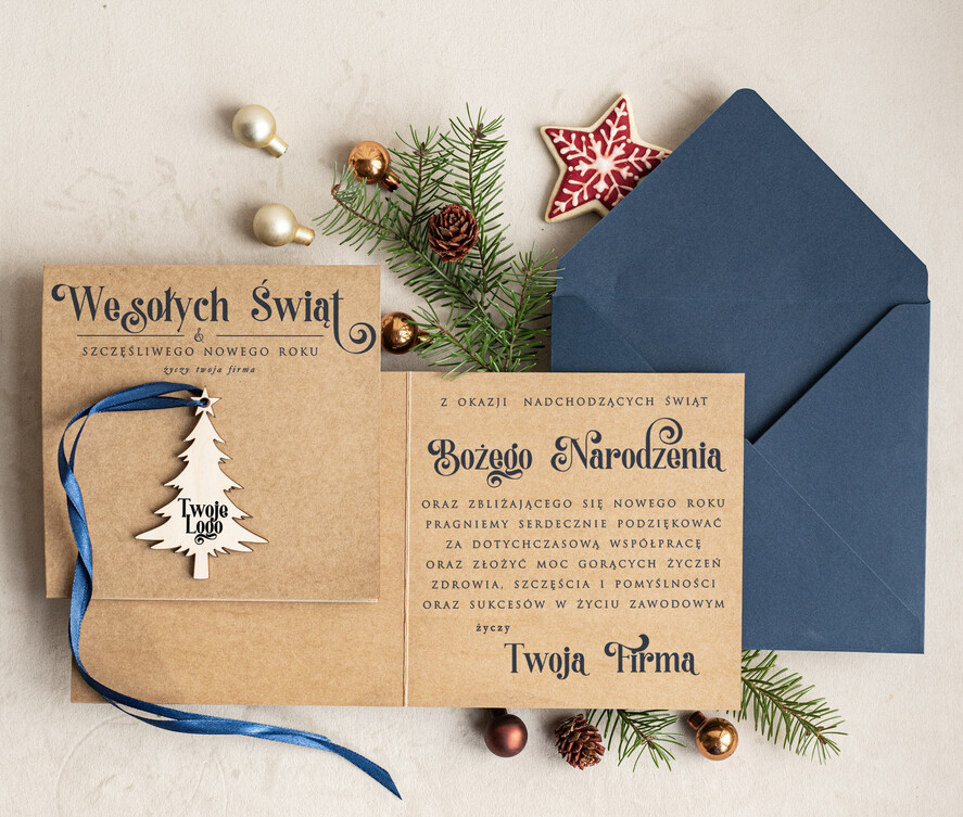 Kartki świąteczne z logo firmy z magnesem lub zawieszką na choinkę bożonarodzeniowa kartka świateczna dla Firm, kartki swiateczne z logo twojej firmy, biznesowa kartka świąteczna z zawieszką na choinkę1