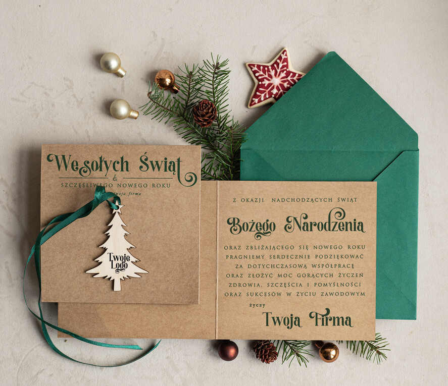 Kartki świąteczne z logo firmy z magnesem lub zawieszką na choinkę bożonarodzeniowa kartka świateczna dla Firm, kartki swiateczne z logo twojej firmy, biznesowa kartka świąteczna z zawieszką na choinkę1