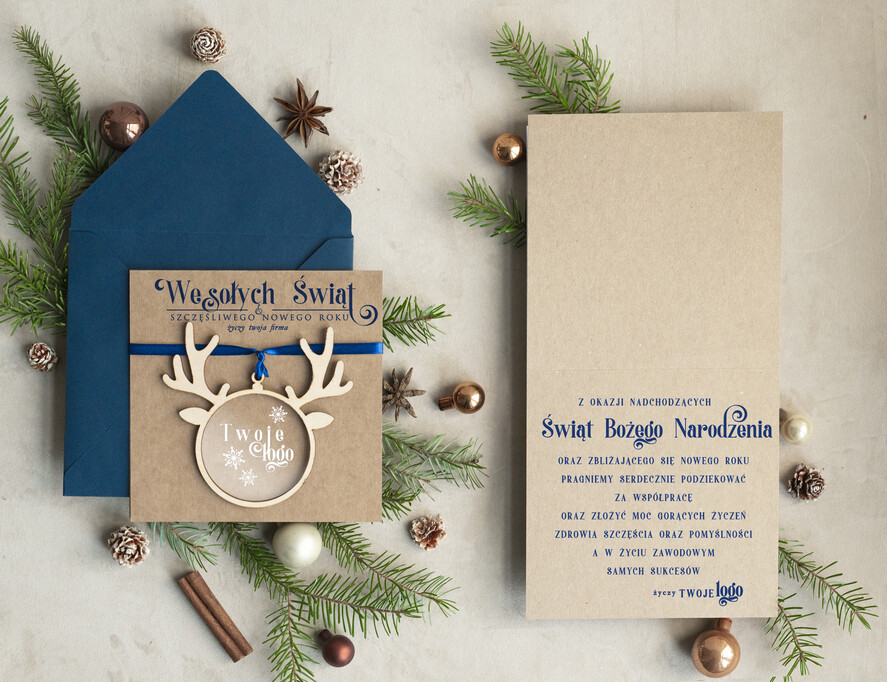 Kartki świąteczne z logo firmy z magnesem lub zawieszką na choinkę Bombka reniferek zawieszka na choinkę i  kartka świateczna dla Firm, kartki swiateczne z logo, biznesowa kartka1