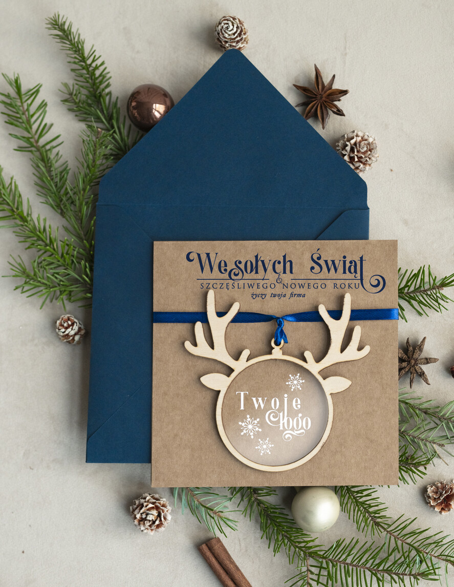 Kartki świąteczne z logo firmy z magnesem lub zawieszką na choinkę Bombka reniferek zawieszka na choinkę i  kartka świateczna dla Firm, kartki swiateczne z logo, biznesowa kartka0