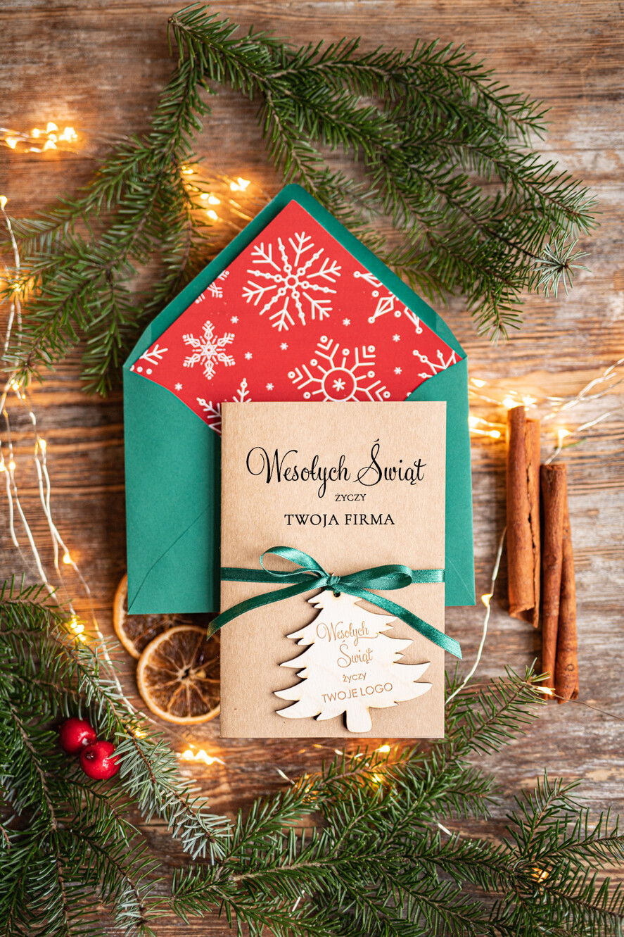 Kartki świąteczne z logo firmy z magnesem lub zawieszką na choinkę kartki świąteczne dla firm Drewniana bombka zawieszka na choinke z Logo firmy świateczna kartka firmowa 0