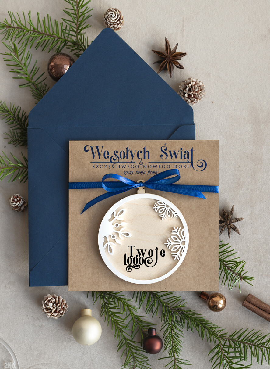 Kartki świąteczne z logo firmy z magnesem lub zawieszką na choinkę Bombka snieżynka zawieszka na choinkę i  kartka świateczna dla Firm, kartki swiateczne z logo, biznesowa kartka0