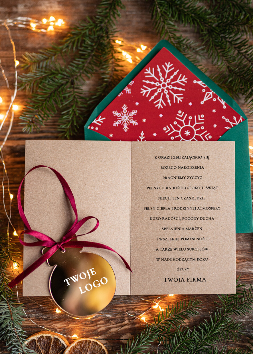 Kartki świąteczne z logo firmy z magnesem lub zawieszką na choinkę kartki świąteczne dla firm Złota bombka zawieszka na choinke z Logo firmy świateczna kartka firmowa bombka1