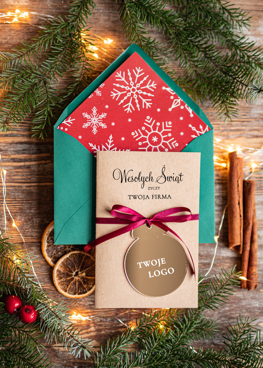 Kartki świąteczne z logo firmy z magnesem lub zawieszką na choinkę kartki świąteczne dla firm Złota bombka zawieszka na choinke z Logo firmy świateczna kartka firmowa bombka2