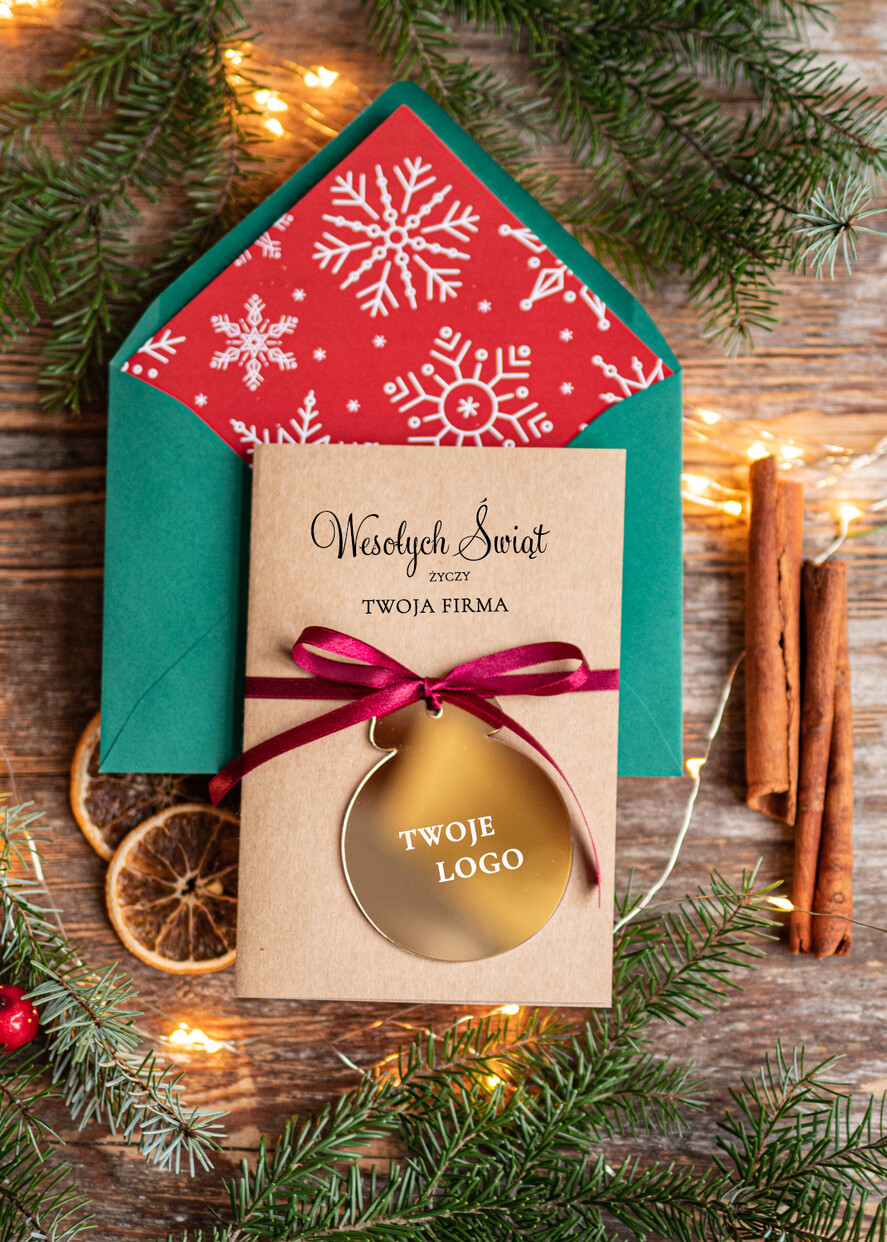 Kartki świąteczne z logo firmy z magnesem lub zawieszką na choinkę kartki świąteczne dla firm Złota bombka zawieszka na choinke z Logo firmy świateczna kartka firmowa bombka0