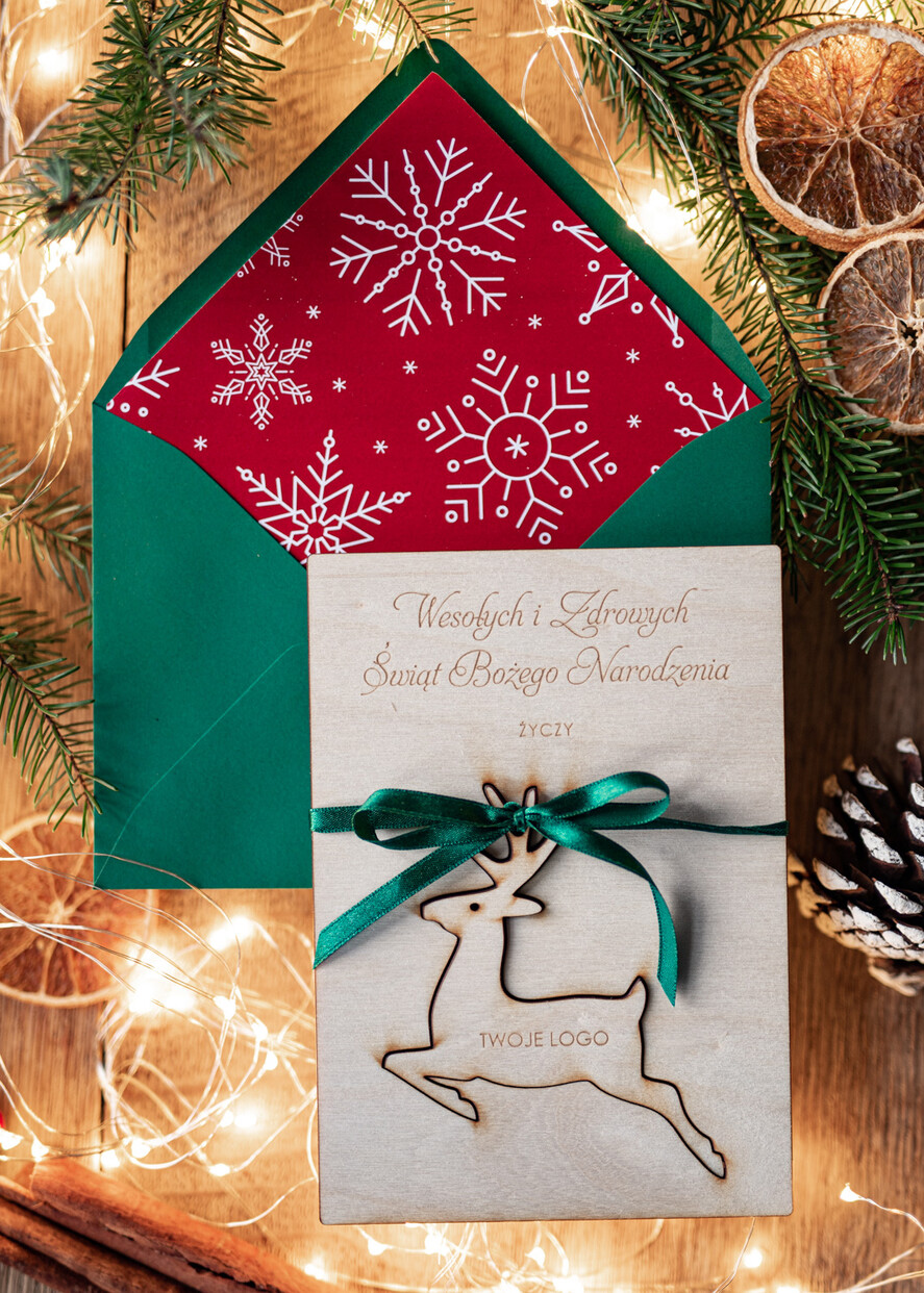 Kartki świąteczne z logo firmy z magnesem lub zawieszką na choinkę kartki świąteczne dla firm Drewniana bombka zawieszka na choinke z Logo firmy świateczna kartka firmowa 2