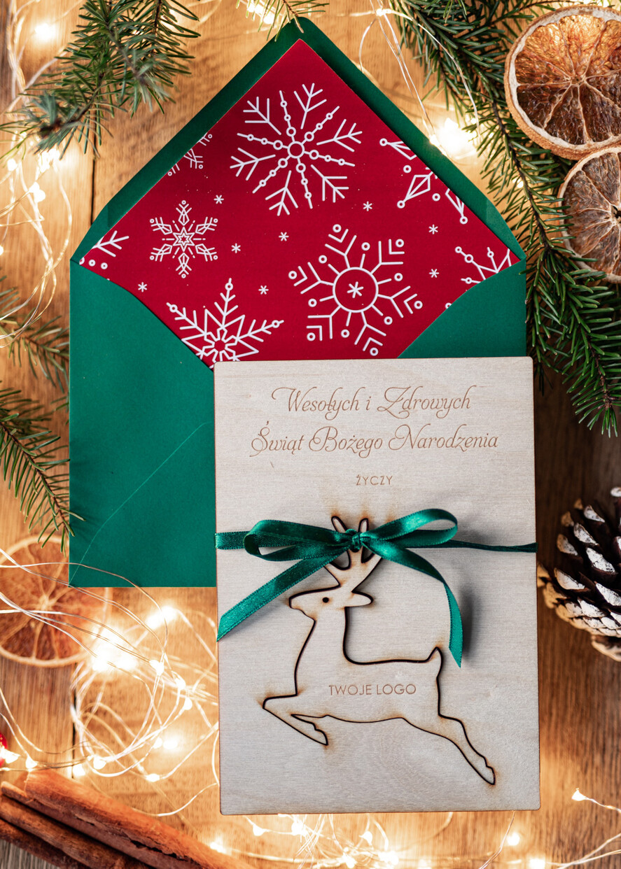 Kartki świąteczne z logo firmy z magnesem lub zawieszką na choinkę kartki świąteczne dla firm Drewniana bombka zawieszka na choinke z Logo firmy świateczna kartka firmowa 0