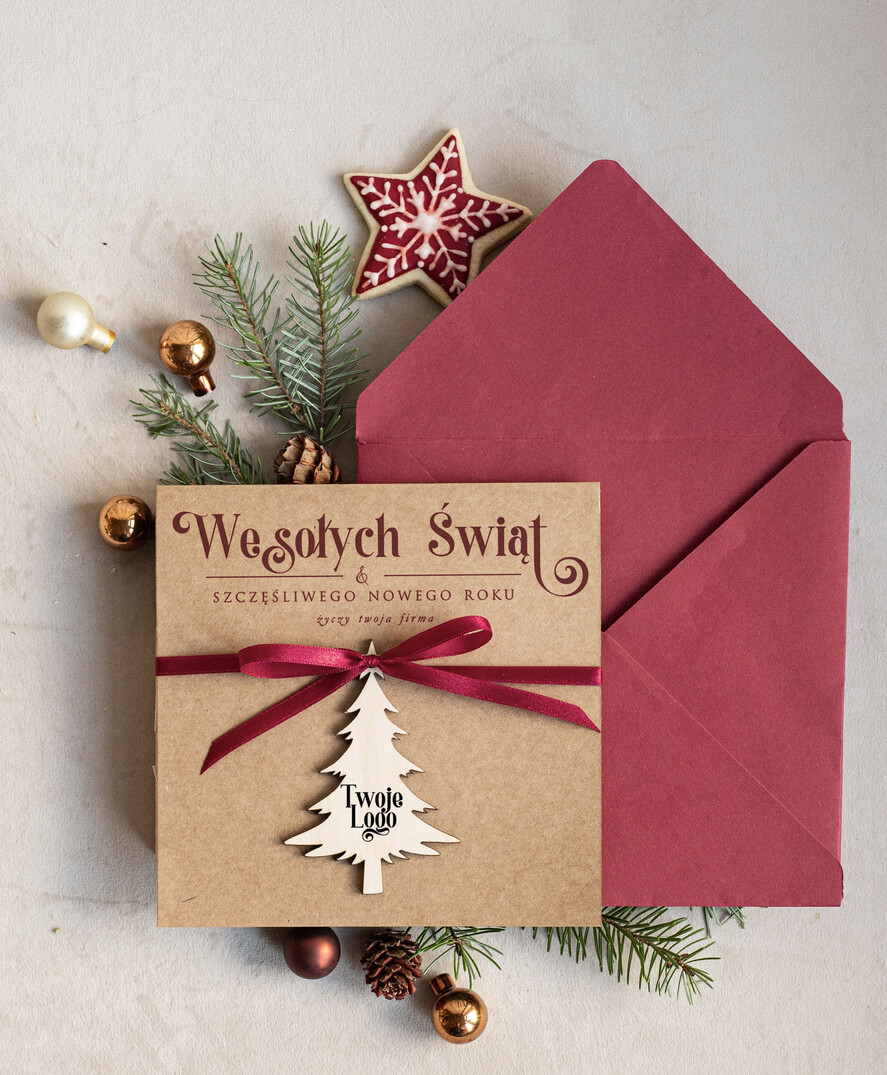 Kartki świąteczne z logo firmy z magnesem lub zawieszką na choinkę bożonarodzeniowa kartka świateczna dla Firm, kartki swiateczne z logo twojej firmy, biznesowa kartka świąteczna z zawieszką na choinkę2