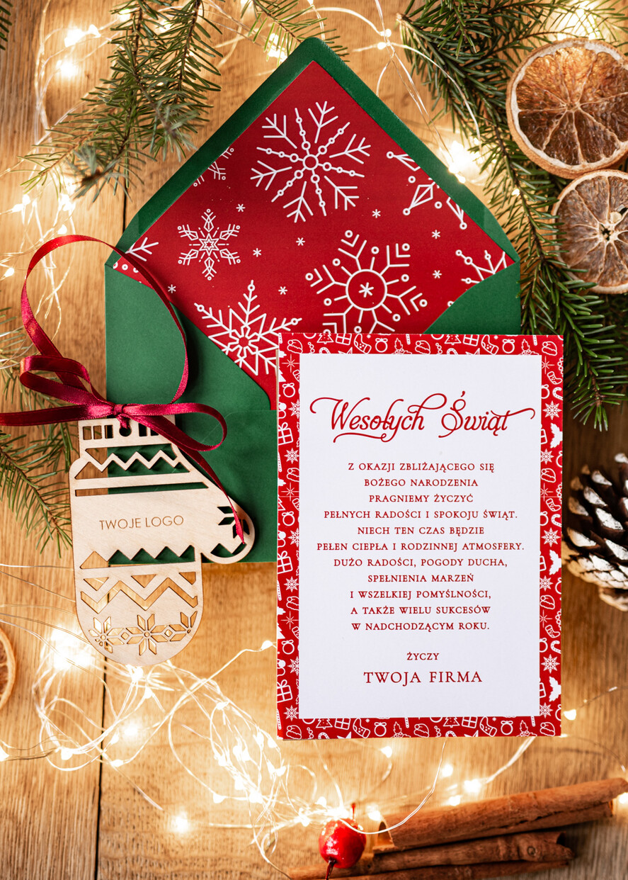 Kartki świąteczne z logo firmy z magnesem lub zawieszką na choinkę kartki świąteczne dla firm Drewniana bombka zawieszka na choinke z Logo firmy świateczna kartka firmowa 1