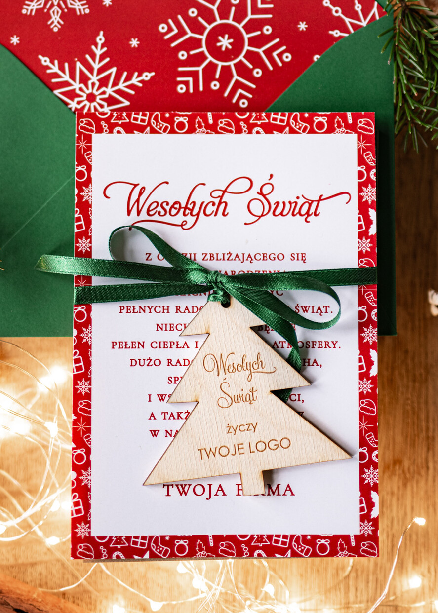 Kartki świąteczne z logo firmy z magnesem lub zawieszką na choinkę kartki świąteczne dla firmy z logo kartki z drewnianą bombką   kartki świąteczne dla firm Drewniana bombka zawieszka na choinke1