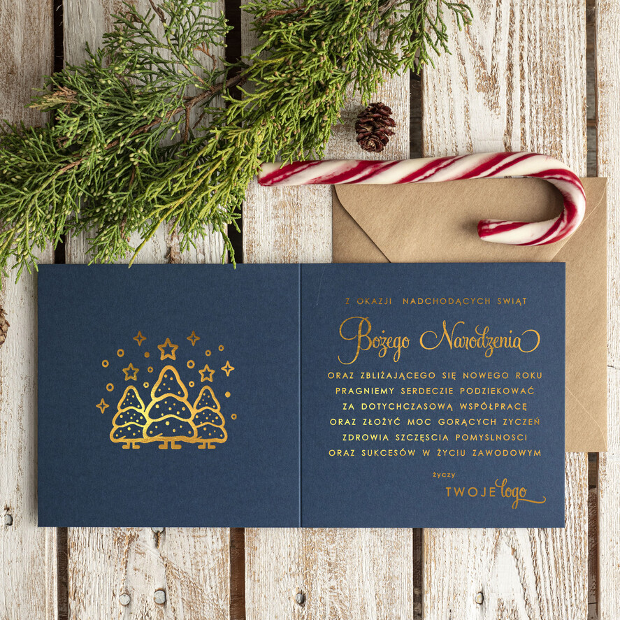 Kartki świąteczne z logo firmy złocone złote elegancka kartka świąteczna dla firmy z logo, błyszczące złocone karnety świąteczne złote napisy, kartki na święta z logo firmy1
