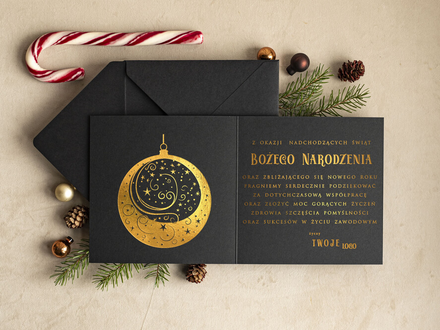 Kartki świąteczne z logo firmy złocone złote firmowe kartki swiateczne z logo, błyszczące złote karnety swiateczne złote napisy, kartki świąteczne z logo firmy, kartki świąteczne dla pracowników1