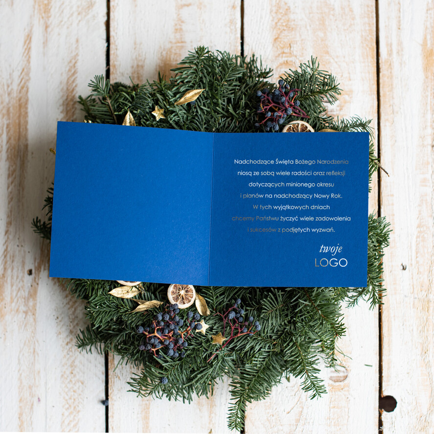 Kartki świąteczne z logo firmy złocone złote Kartki Bożonarodzeniowe z Logo Twojej Firmy, złocone karnety świąteczne złote mieniące się napisy2