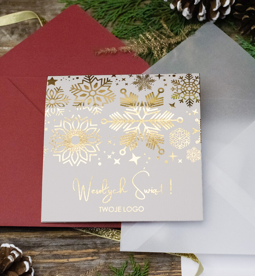 Kartki świąteczne z logo firmy złocone złote kartki świąteczne dla firmy z logo, błyszczące złocone karnety świąteczne złote napisy0
