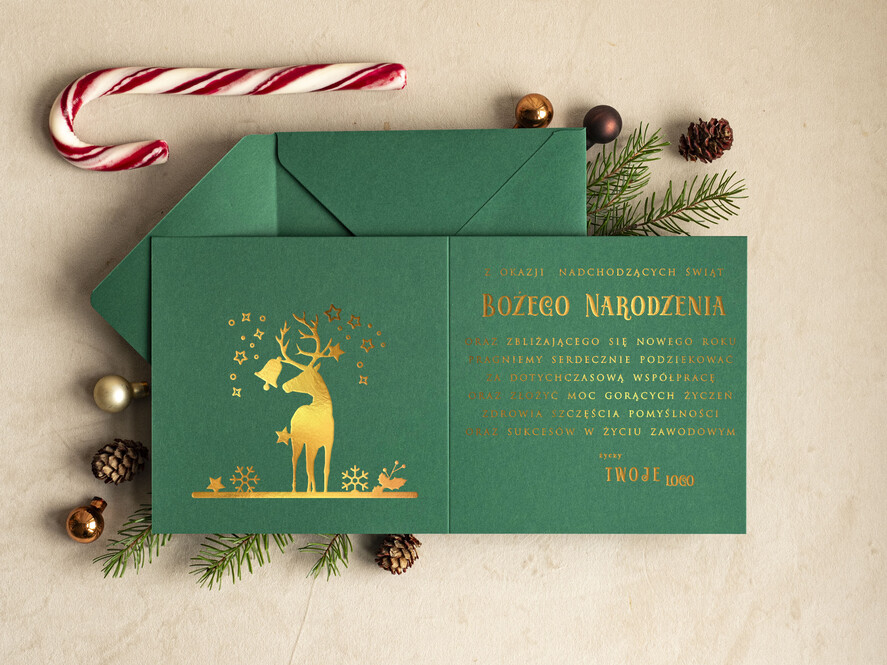 Kartki świąteczne z logo firmy złocone złote firmowe kartki swiateczne z logo złocone treści i napisy na karnecie bożonarodzeniowym, kartki świąteczne dla pracowników, błyszczące złote karnety swiateczne złote napisy1
