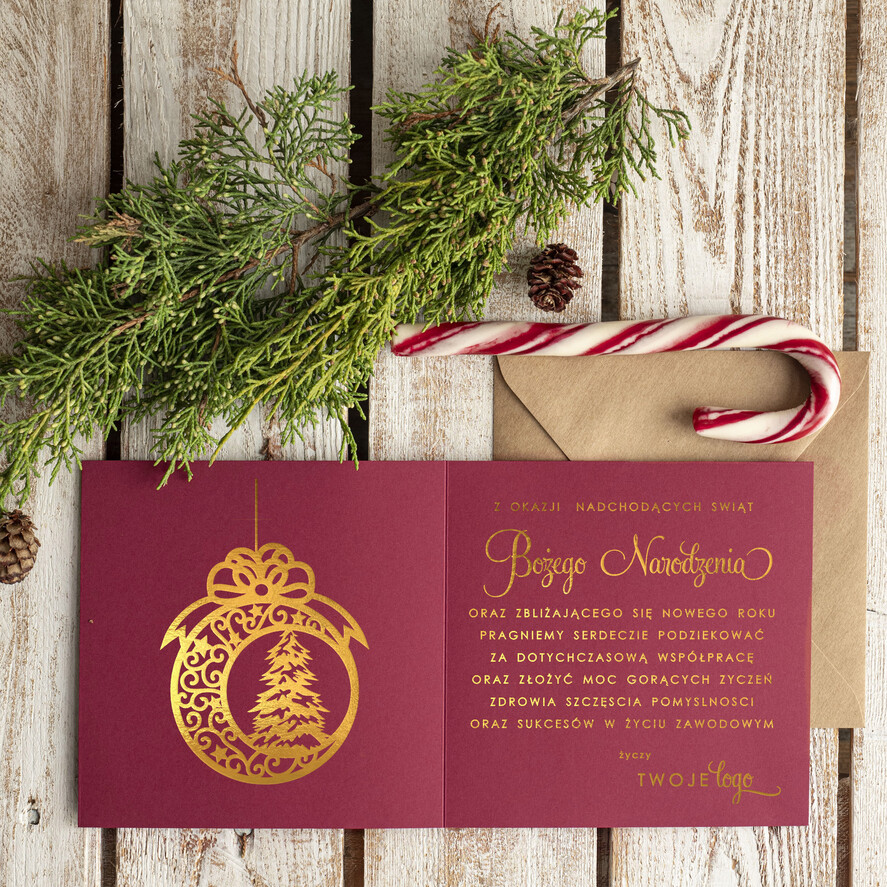 Kartki świąteczne z logo firmy złocone złote elegancka kartka świąteczna dla firmy z logo, błyszczące złocone karnety świąteczne złote napisy, kartki na święta z logo firmy1