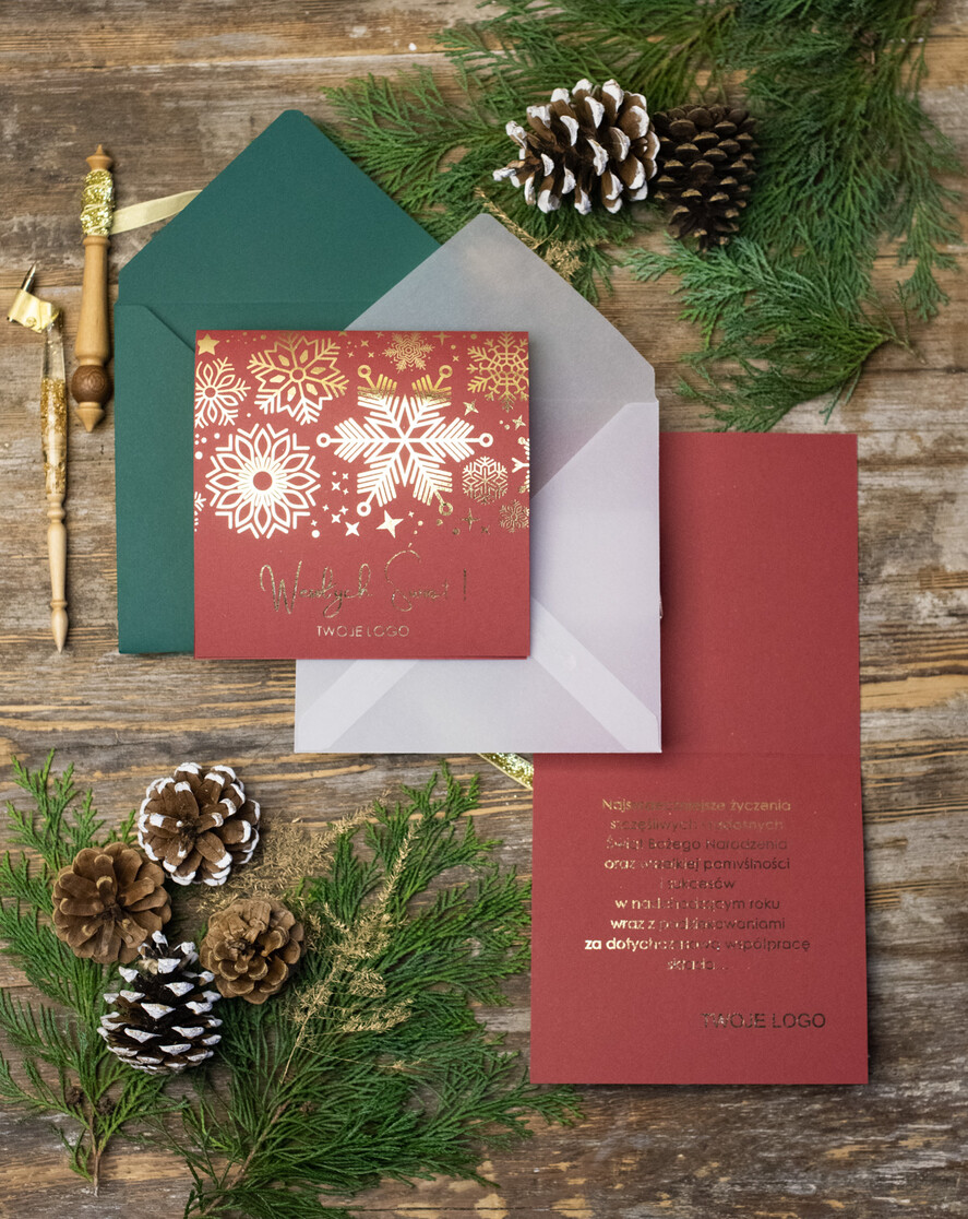 Kartki świąteczne z logo firmy złocone złote biznesowe kartki świąteczne z logo, złote napisy na kartce świątecznej0