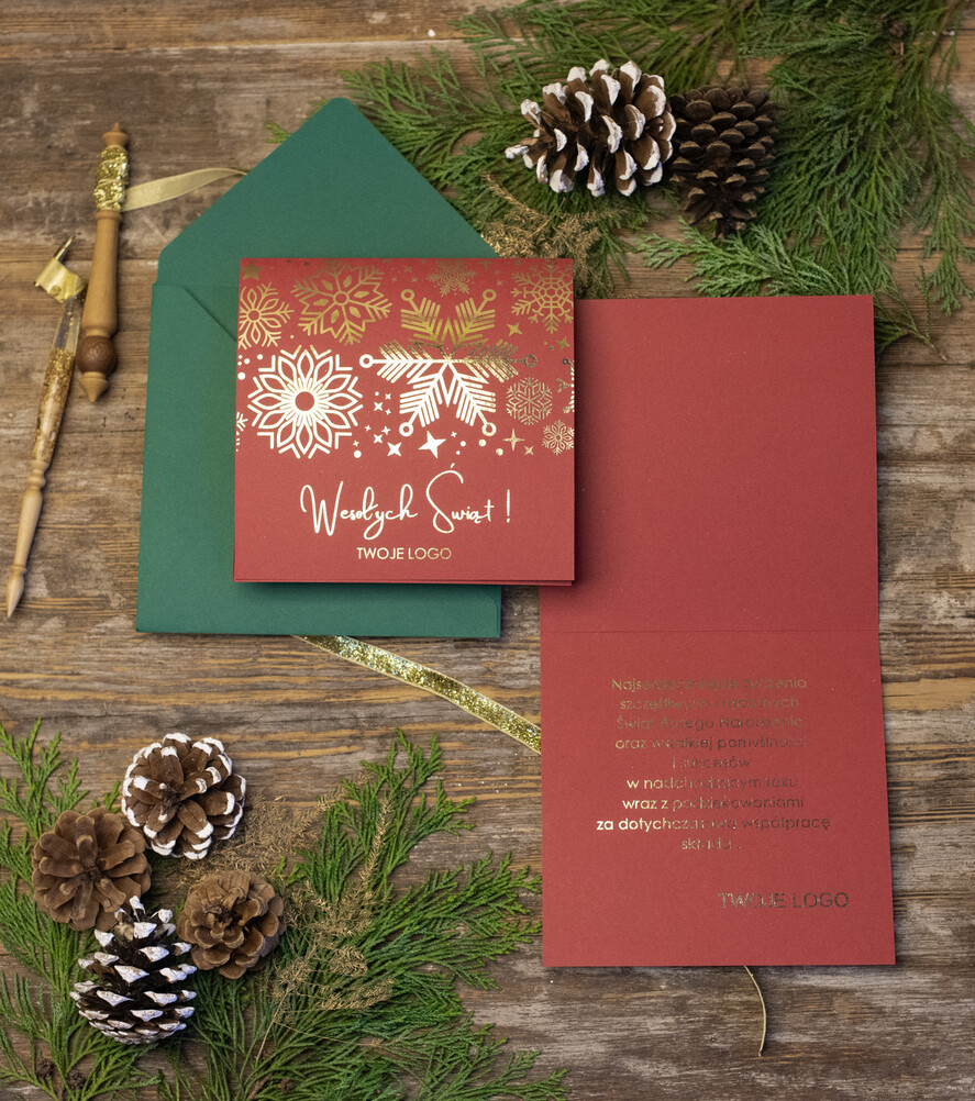Kartki świąteczne z logo firmy złocone złote biznesowe kartki świąteczne z logo, złote napisy na kartce świątecznej1