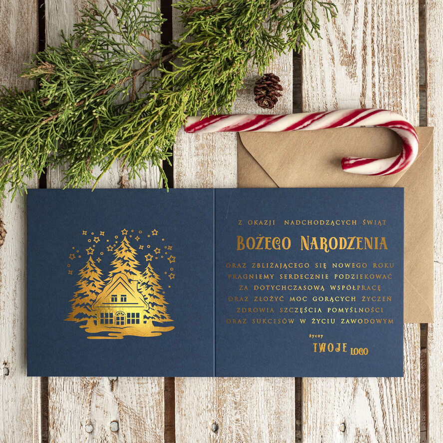 Kartki świąteczne z logo firmy złocone złote firmowe kartki swiateczne z logo złocone treści i napisy na karnecie bożonarodzeniowym, kartki świąteczne dla pracowników1