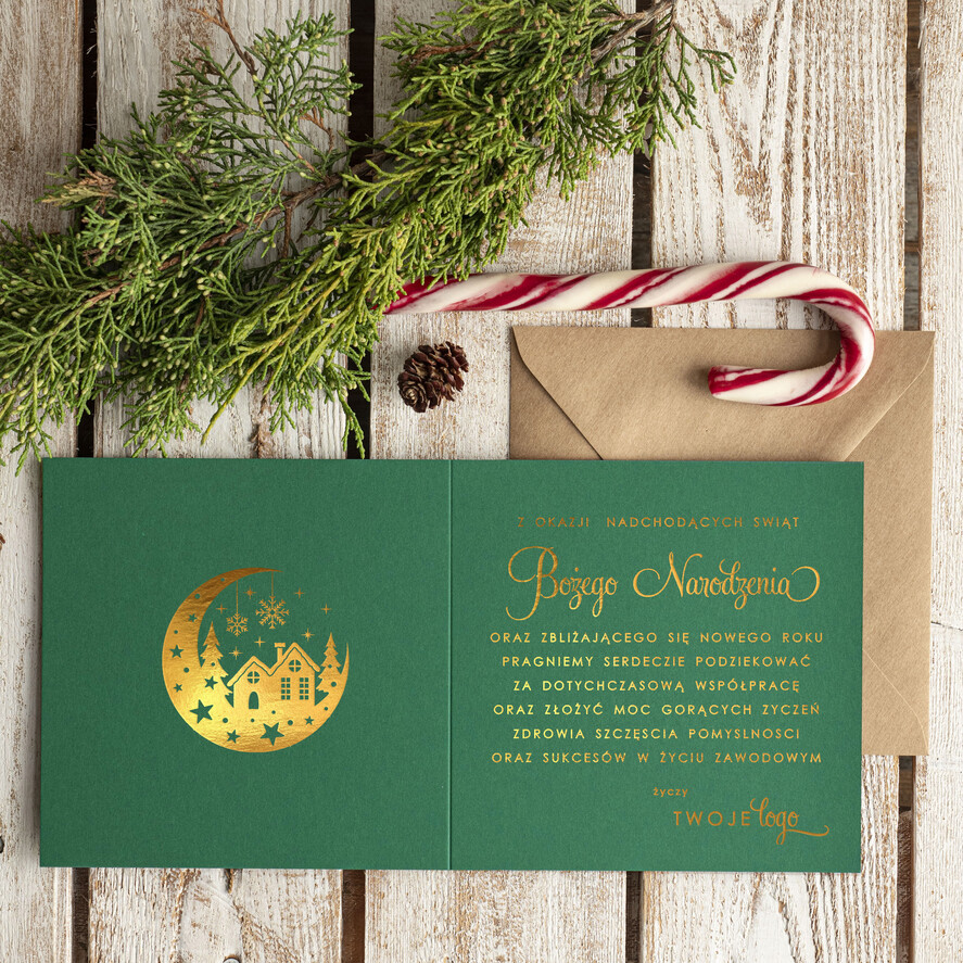 Kartki świąteczne z logo firmy złocone złote elegancka kartka świąteczna dla firmy z logo, błyszczące złocone karnety świąteczne złote napisy, kartki na święta z logo firmy1