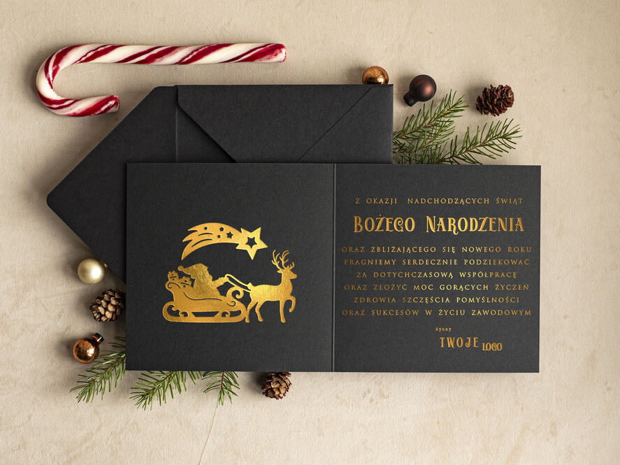 Kartki świąteczne z logo firmy złocone złote kartki świąteczne z logo twojej firmy, złocone karnety świąteczne złote mieniące się napisy, eleganckie kartki świąteczne dla firm 1