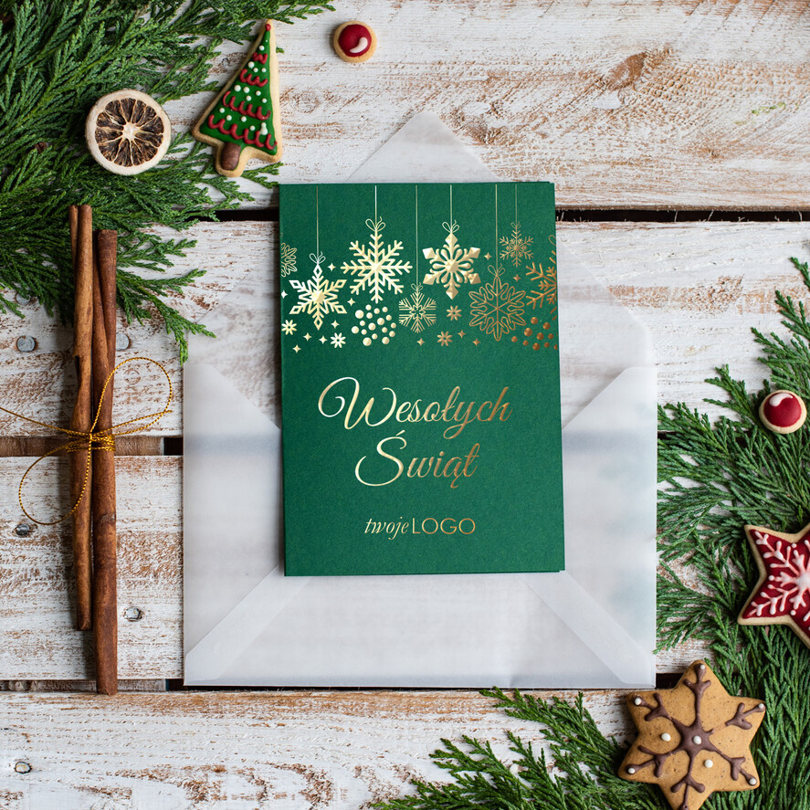 Kartki świąteczne z logo firmy złocone złote kartki świąteczne dla firmy z logo, złote napisy na kartce świątecznej0