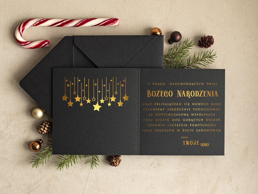 Kartki świąteczne z logo firmy złocone złote kartka świąteczna dla firmy z logo, błyszczące złocone karnety świąteczne złote napisy1