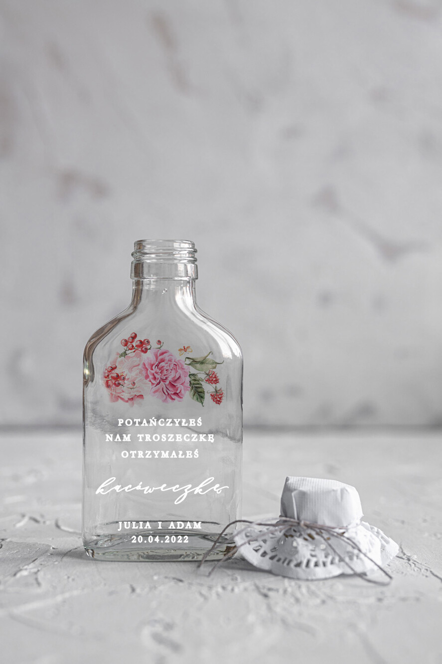 Podziękowania dla Gości Weselnych Butelki/słoiczki z nadrukiem UV unikatowe podziękowania dla gości weselnych mała buteleczka na własny alkohol wydruk na butelce   0