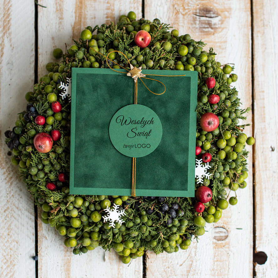 Kartki świąteczne z logo firmy welurowe zielone kartki świąteczne z logo twojej firmy aksamitne zielone kartki świąteczne, firmowe kartki swiateczne, kartki świąteczne dla firm1