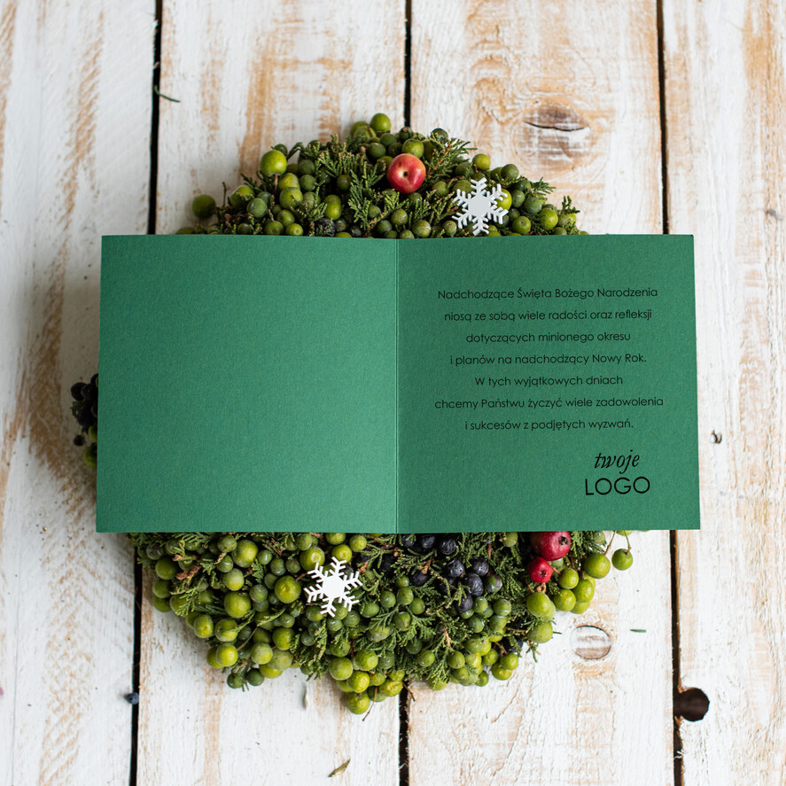 Kartki świąteczne z logo firmy welurowe zielone kartki świąteczne z logo twojej firmy aksamitne zielone kartki świąteczne, firmowe kartki swiateczne, kartki świąteczne dla firm2
