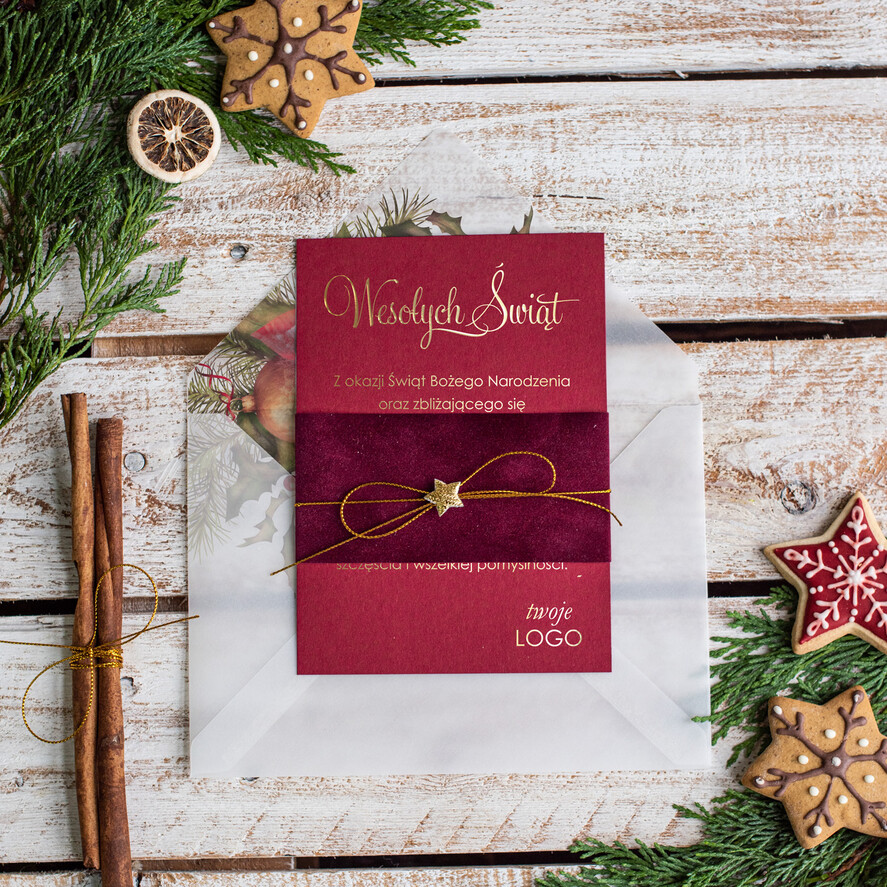 Kartki świąteczne z logo firmy welurowe złocone firmowe kartki swiateczne z logo, firmowe kartki swiateczne, swiateczne kartki dla firm, eleganckie kartki bozonarodzeniowe   3