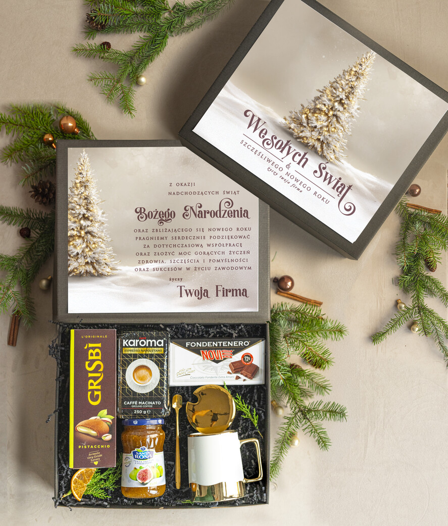 Prezenty oferta dla Firm kubki, filiżanki, kubki termiczne włoski  kosz prezentowy premium z kubkiem dla firm, prezent biznesowy włoskie smaki, upominki na święta dla pracowników Gusto Italiano1
