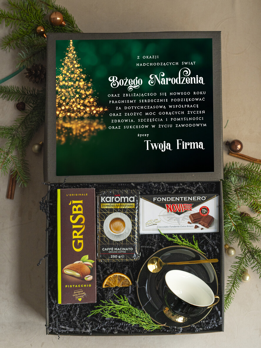 Prezenty oferta dla Firm kubki, filiżanki, kubki termiczne  kosz prezentowy premium z filiżanką dla firm, prezent biznesowy włoskie smaki, upominki na święta dla pracowników Gusto Italiano1