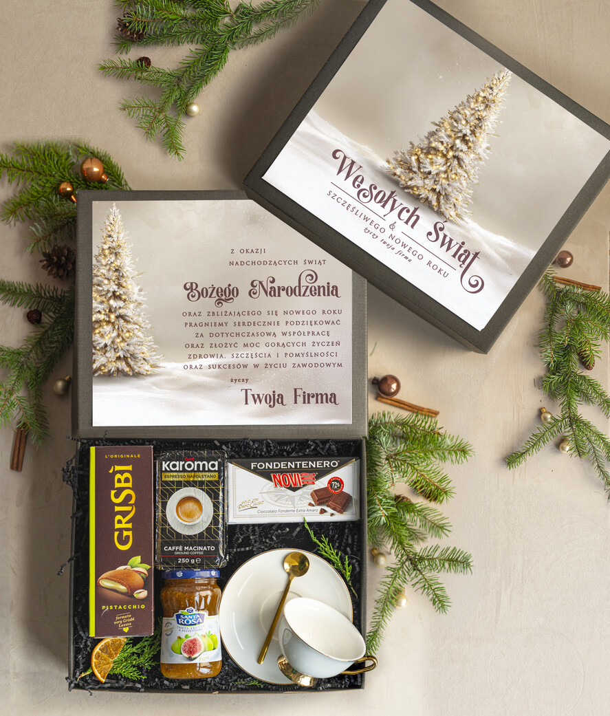 Prezenty oferta dla Firm kubki, filiżanki, kubki termiczne  kosz prezentowy premium z filiżanką dla firm, prezent biznesowy włoskie smaki, upominki na święta dla pracowników Gusto Italiano0