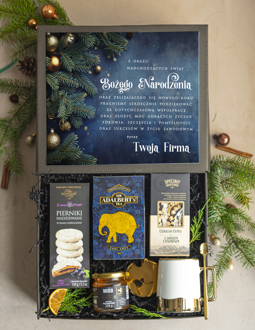 Prezenty oferta dla Firm kubki, filiżanki, kubki termiczne  kosz prezentowy premium z kubkiem dla firm, prezent biznesowy z kawą i herbatą, upominki na święta dla pracowników 1