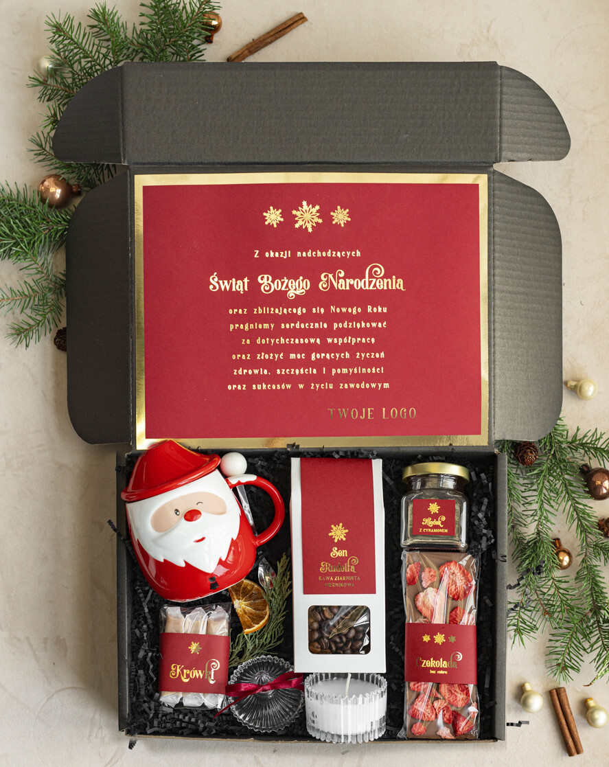 Prezenty oferta dla Firm kubki, filiżanki, kubki termiczne Mikołajowy Kubek w zestawie świątecznym z logo firmy , prezenty biznesowe z kawą i herbatą, upominki na święta dla pracowników i kontrahentów, personalizowane prezenty firmowe, zestawy świąteczne z logo,1