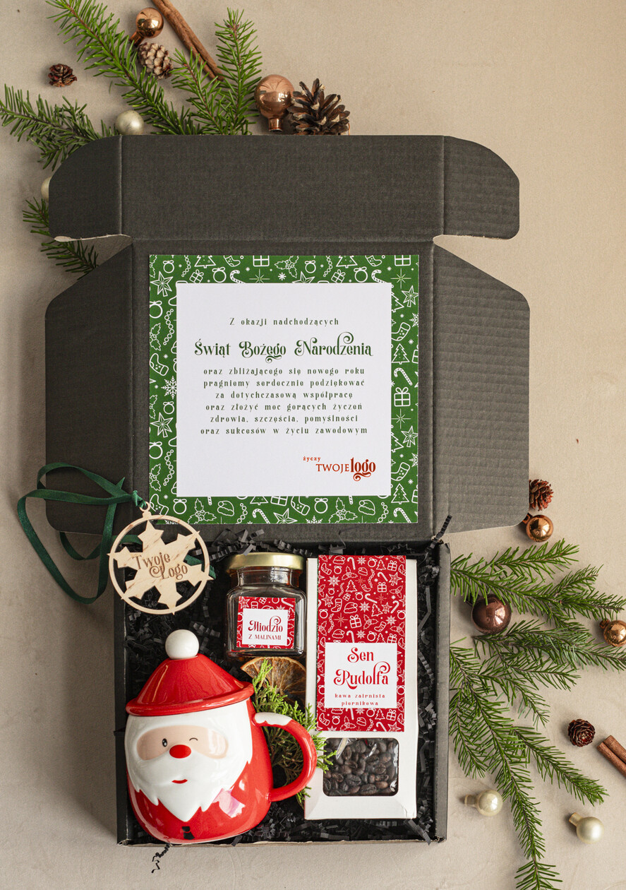 Prezenty oferta dla Firm kubki, filiżanki, kubki termiczne Mikołajowy Kubek w zestawie świątecznym z logo firmy , prezenty biznesowe z kawą i herbatą, upominki na święta dla pracowników i kontrahentów, personalizowane prezenty firmowe, zestawy świąteczne z logo,1
