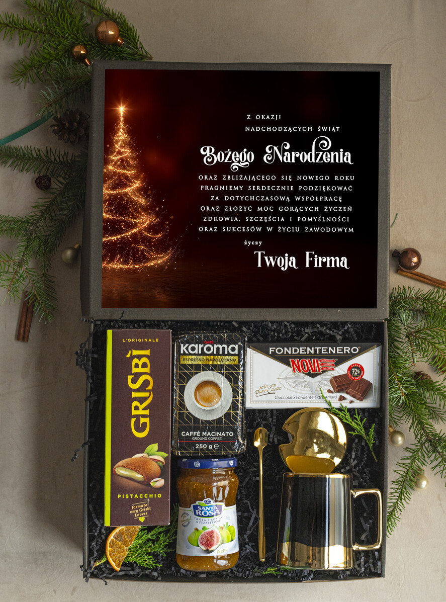 Prezenty oferta dla Firm kubki, filiżanki, kubki termiczne Włoski kosz prezentowy premium z filiżanką dla firm, prezent biznesowy włoskie smaki, upominki na święta dla pracowników Gusto Italiano1