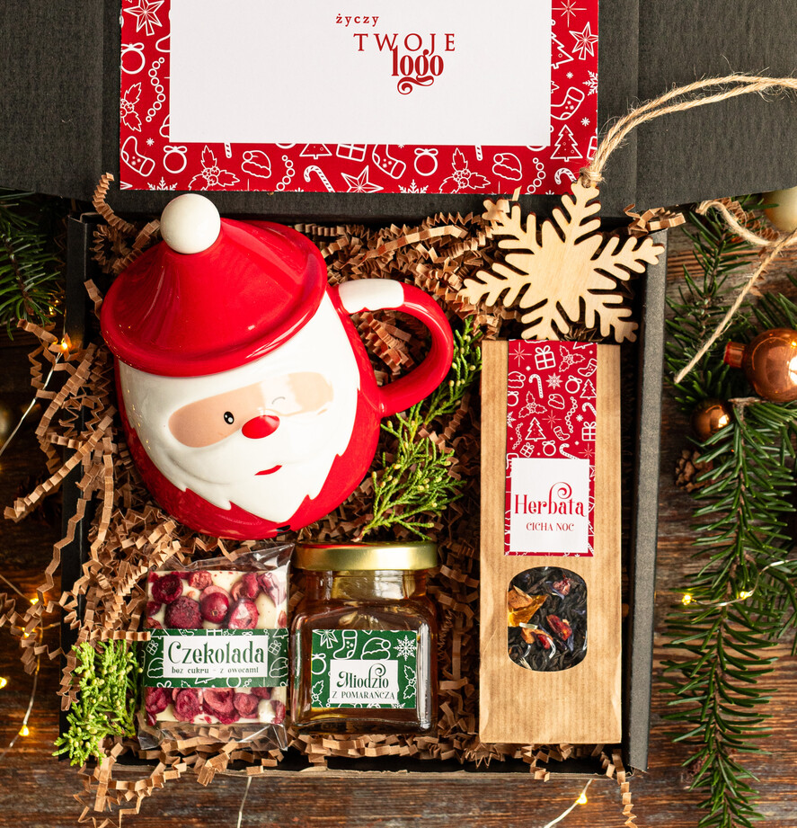 Prezenty oferta dla Firm kubki, filiżanki, kubki termiczne Mikołajowy Kubek w zestawie świątecznym z logo firmy , prezenty biznesowe z kawą i herbatą, upominki na święta dla pracowników i kontrahentów, personalizowane prezenty firmowe, zestawy świąteczne z logo,1