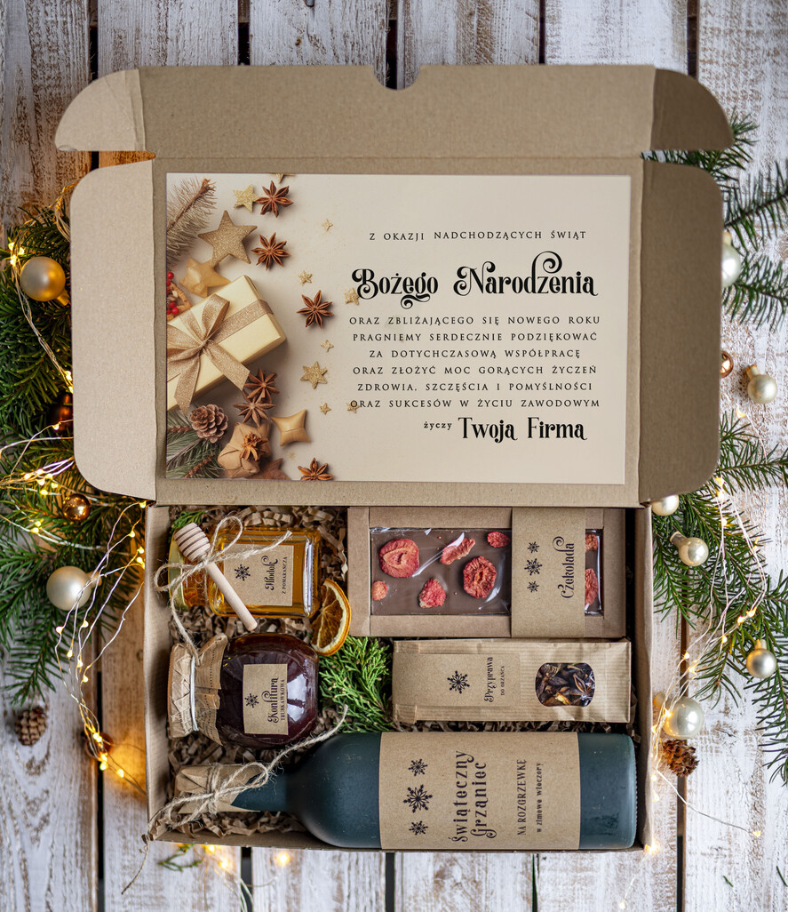 Prezenty oferta dla Firm zestawy na rozgrzewkę Oryginalne prezenty świąteczne dla pracowników, kosz prezentowy  z logo upominek świąteczny dla  klientów biznesowych, świąteczne boxy prezentowe0