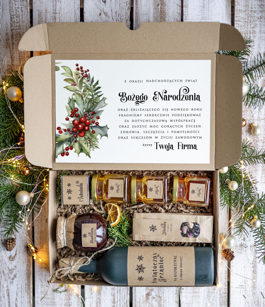 Prezenty oferta dla Firm zestawy na rozgrzewkę Oryginalne prezenty świąteczne dla pracowników, kosz prezentowy  z logo upominek świąteczny dla  klientów biznesowych, świąteczne boxy prezentowe0