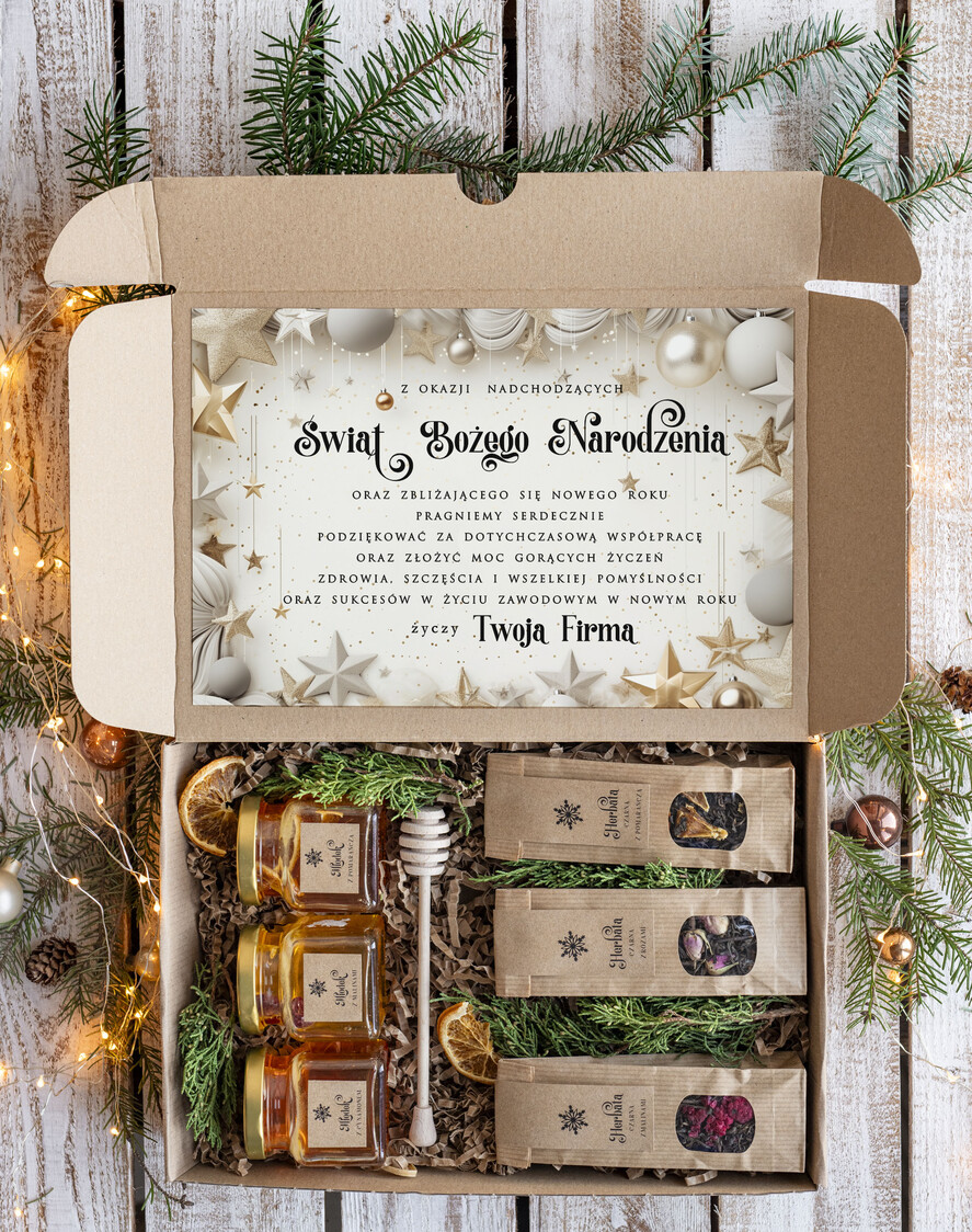 Prezenty oferta dla Firm słodkie zestawy  eleganckie prezenty biznesowe, prezenty swiateczne od firm z logo, zestawy prezentowe na święta dla pracowników firmowe zestawy świąteczne z herbatą i miodem0